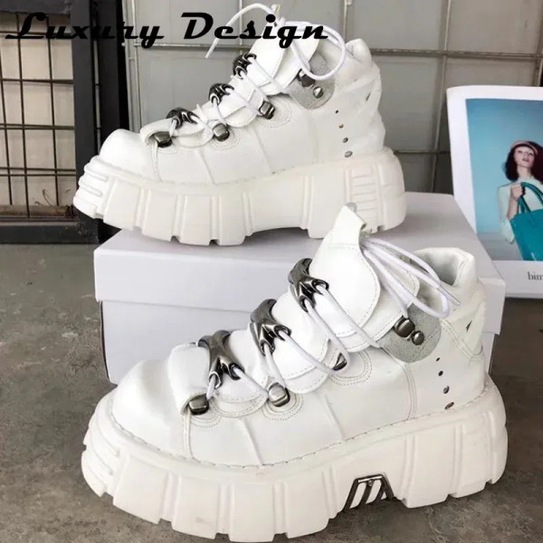 Color: Assorted, Shoe Size: 44 - Punk Style Women Sneakers Lace-up 6CM Platform Shoes Woman Creeper F640-12000042136996509