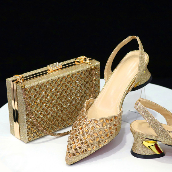 Gold Women Shoes And Bag Set Fashion African Ladies Sandals Medium Heels Pumps Match With Handbag C F640-3256808118989053