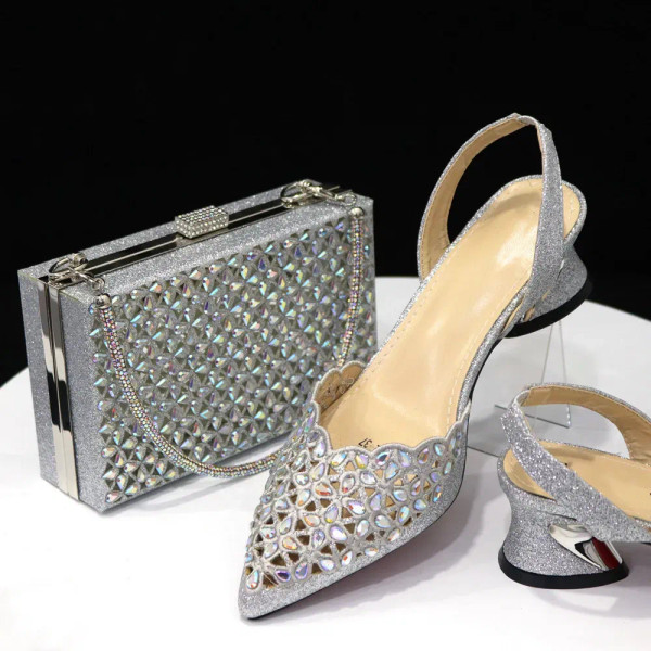 Gold Women Shoes And Bag Set Fashion African Ladies Sandals Medium Heels Pumps Match With Handbag C F640-3256808118989053
