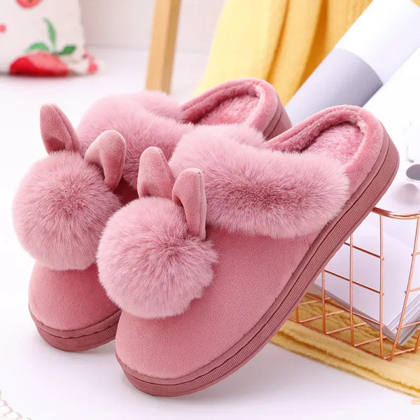 Color: Straw, Shoe Size: 33 - 2023 Autumn Winter Women Men Cotton Slippers Rabbit Ear Home Indoor H F640-12000036026561217