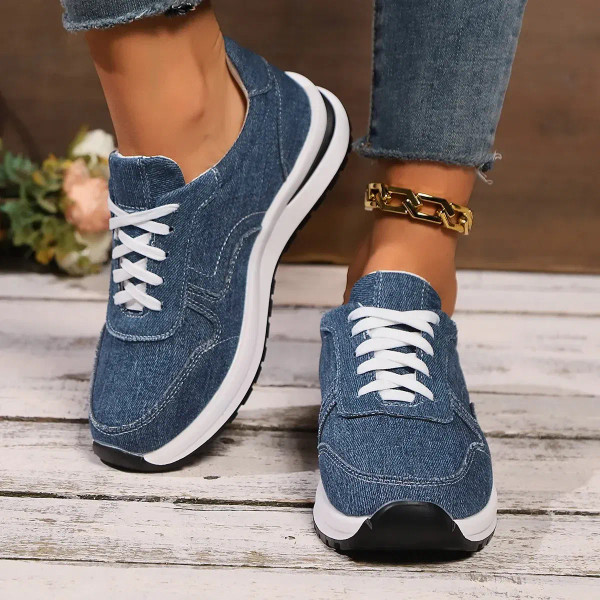 Color: black, Shoe Size: 40 - Blue Denim Platform Sneakers Women Fashion Thick Sole Lace Up Sports  F640-12000042318859241