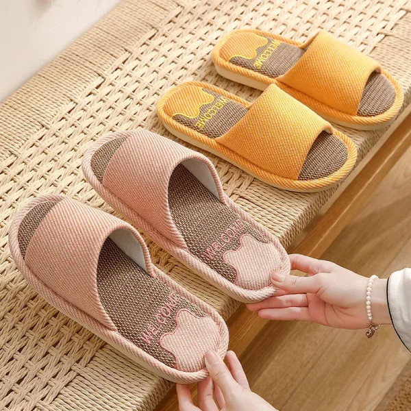 Color: Ginger, Shoe Size: 14.5 - Linen Slippers Indoor Home Breathable Women Men Slides Linen Coupl F640-12000035595400339