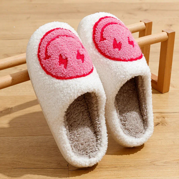 Color: Yellow, Shoe Size: 5 - Super Cute Lightning Smile Face Slippers For Women House Funny Ladies F640-12000037922833553