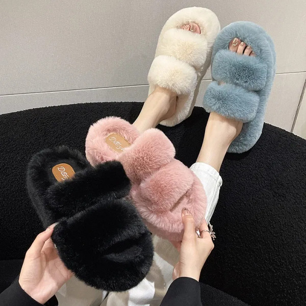 Color: light yellow, Shoe Size: 41 - New Winter Open Toe Slipper Fur Thick Sole Flats Heel Ladies C F640-12000035794326427
