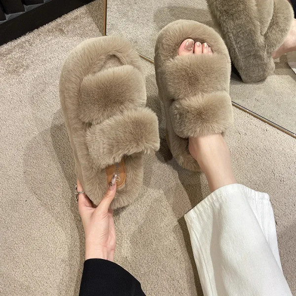 Color: light yellow, Shoe Size: 41 - New Winter Open Toe Slipper Fur Thick Sole Flats Heel Ladies C F640-12000035794326427