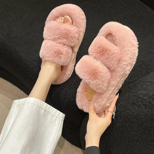 Color: light yellow, Shoe Size: 41 - New Winter Open Toe Slipper Fur Thick Sole Flats Heel Ladies C F640-12000035794326427