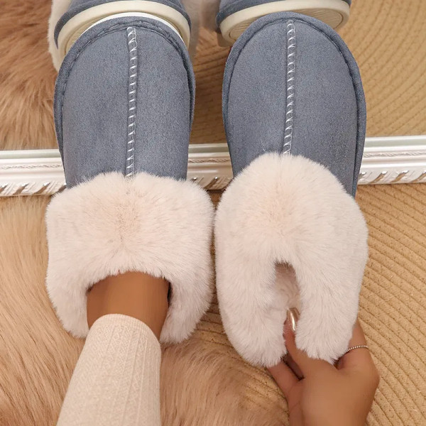 Color: Dark Grey, Shoe Size: 44 - Closed Toe Warm Cotton Slippers Women Faux Fur Thicken Plush Wint F640-12000036942235675