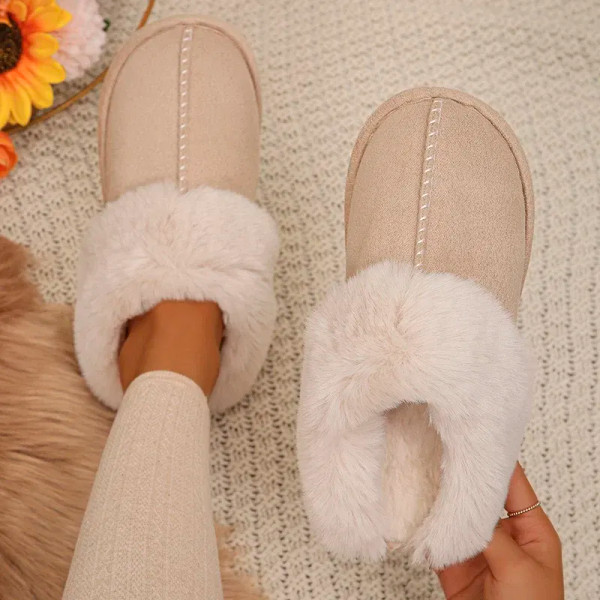 Color: Dark Grey, Shoe Size: 44 - Closed Toe Warm Cotton Slippers Women Faux Fur Thicken Plush Wint F640-12000036942235675