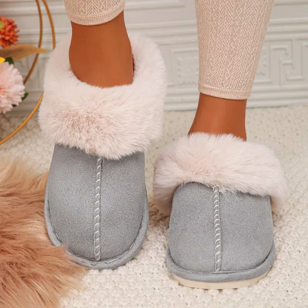 Color: Dark Grey, Shoe Size: 44 - Closed Toe Warm Cotton Slippers Women Faux Fur Thicken Plush Wint F640-12000036942235675