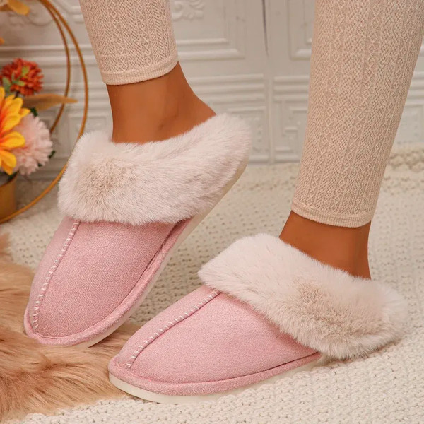 Color: Dark Grey, Shoe Size: 44 - Closed Toe Warm Cotton Slippers Women Faux Fur Thicken Plush Wint F640-12000036942235675