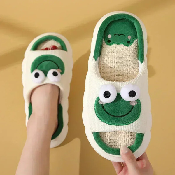 Color: Pink, Shoe Size: 5 - Unisex Soft Linen Slippers with Anti-Slip Sole for Couples Cute Frog pa F640-12000039243129639