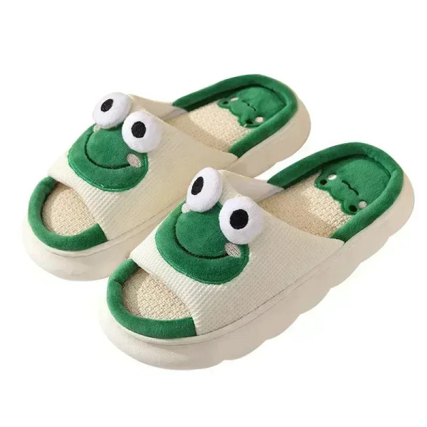 Color: Pink, Shoe Size: 5 - Unisex Soft Linen Slippers with Anti-Slip Sole for Couples Cute Frog pa F640-12000039243129639