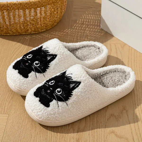 Color: WHITE, Shoe Size: 4.5 - Winter Women's Slippers Indoor Cartoon Black Cat Cute Girls Slipper  F640-12000040617067271