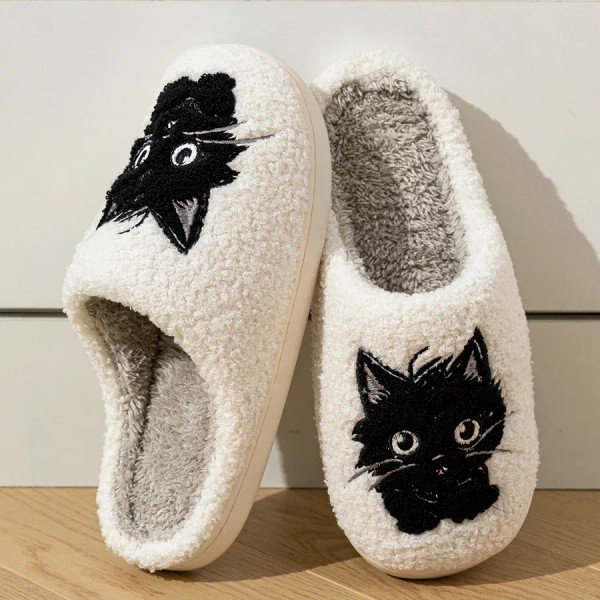 Color: WHITE, Shoe Size: 4.5 - Winter Women's Slippers Indoor Cartoon Black Cat Cute Girls Slipper  F640-12000040617067271