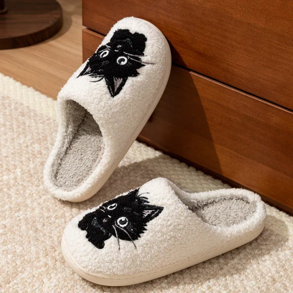 Color: WHITE, Shoe Size: 4.5 - Winter Women's Slippers Indoor Cartoon Black Cat Cute Girls Slipper  F640-12000040617067271