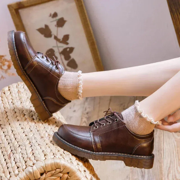 Color: Brown, Shoe Size: 36 - 2024 New Women Oxfords Women's Shoes Ladies Leather Female Round Toe  F640-12000037992910482