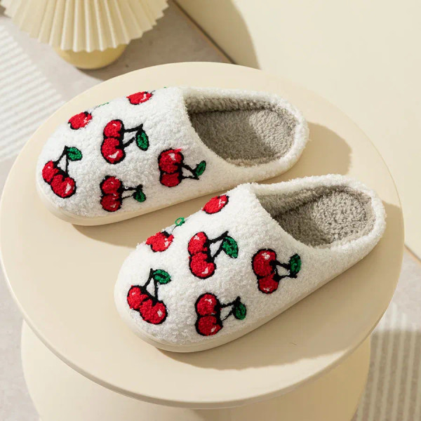 Color: Yellow, Shoe Size: 3.5 - Cute Little Cherry Slippers Women Fluffy Cherries Fur Plush House S F640-12000036086550301