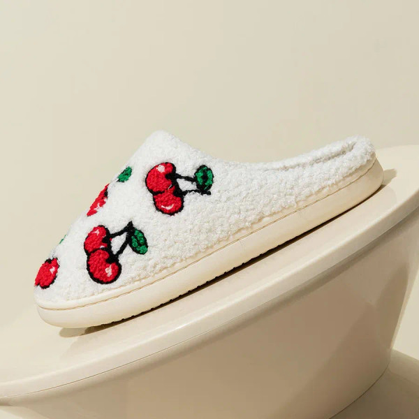 Color: Yellow, Shoe Size: 3.5 - Cute Little Cherry Slippers Women Fluffy Cherries Fur Plush House S F640-12000036086550301