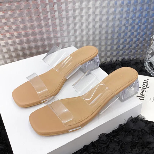 Color: Khaki, Shoe Size: 43 - Summer New Transparent Sexy Square Head Open Toe Outwear Women Large  F640-12000036297519027