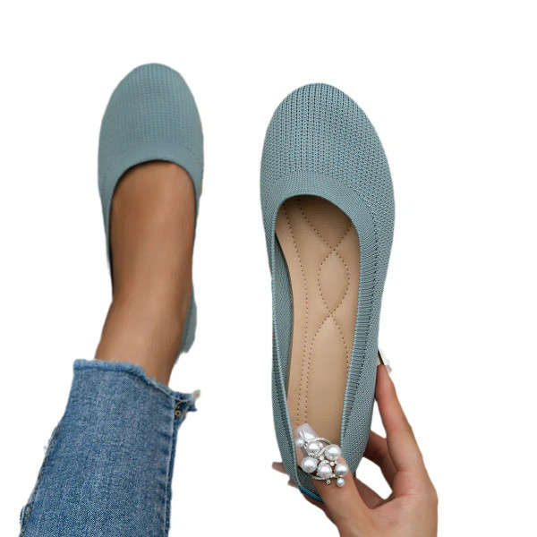Color: Beige, Shoe Size: 42 - Elastic Knitting Flats Slip on Shoes for Women 2024 Summer Breathable F640-12000037075269545