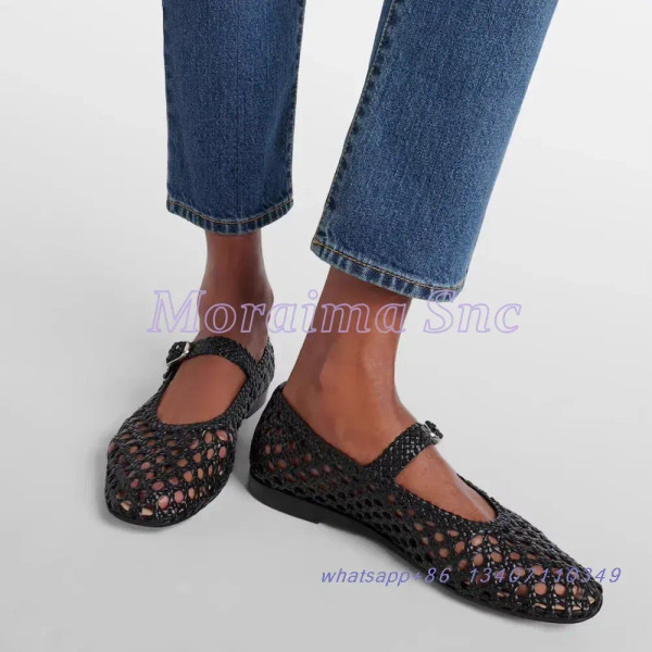Color: Silver, Shoe Size: 36 - Hollow Woven Leather Ballet Shoes Flat With Round Toe Ankle Buckle S F640-12000044408765538