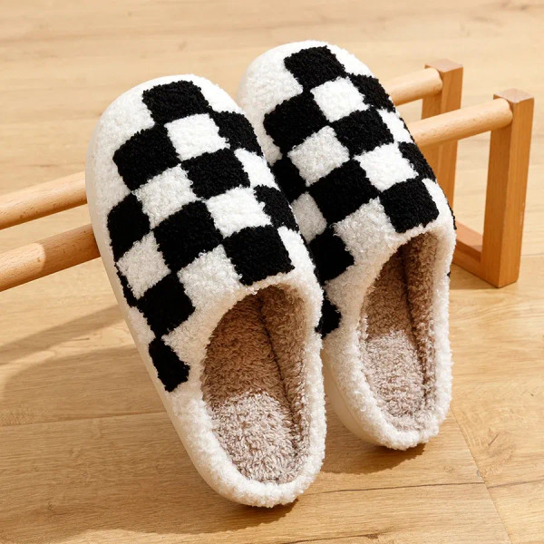 Color: black, Shoe Size: 4 - New Fuzzy Slippers Fashion Checker Indoor Embroidery Houseshoes Cozy W F640-12000035944199937