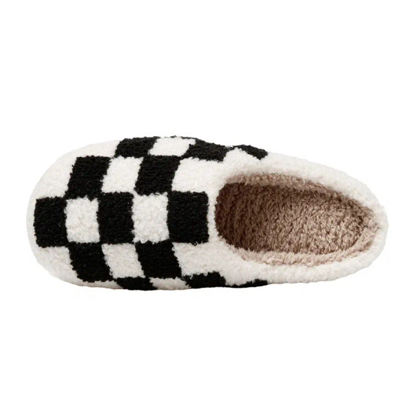 Color: black, Shoe Size: 4 - New Fuzzy Slippers Fashion Checker Indoor Embroidery Houseshoes Cozy W F640-12000035944199937