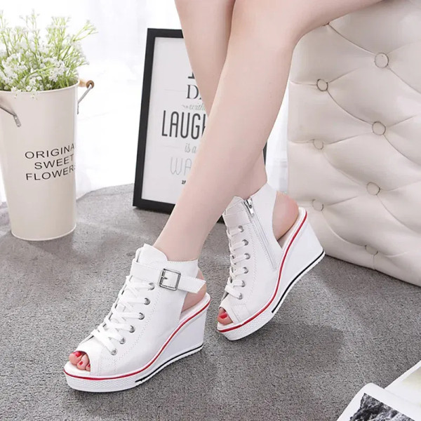 Color: WHITE, Shoe Size: 36 - Spring Summer Women's Height Increasing Platform Canvas Fish Mouth Sh F640-66932182686