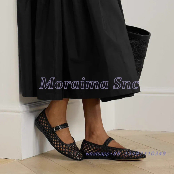 Color: Ivory, Shoe Size: 37 - Hollow Woven Leather Ballet Shoes Flat With Round Toe Ankle Buckle St F640-12000044408765548