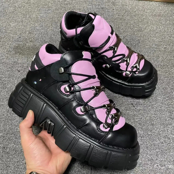 Color: Brown, Shoe Size: 41 - Punk Style Women Sneakers Lace-up 6CM Platform Shoes Woman Creepers F F640-12000031761762117