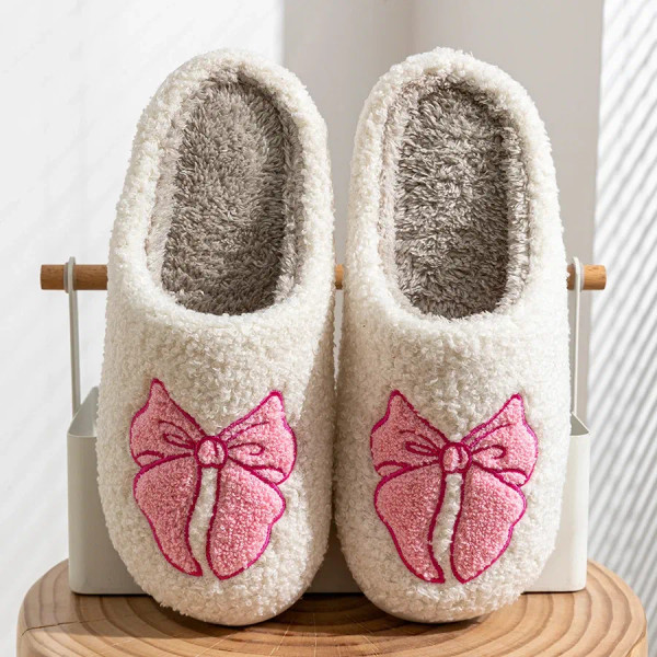 Color: Khaki, Shoe Size: 43-44 - Women's Slippers Winter Indoor Elegant Beauty Bow Home Warm Soft S F640-12000041097539237