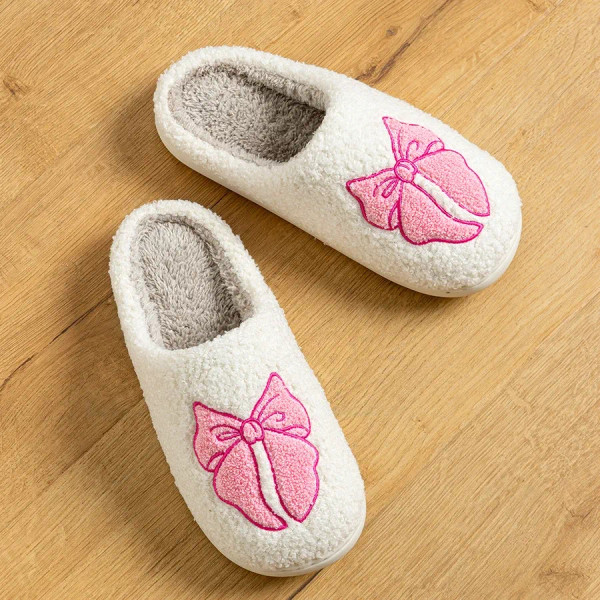 Color: Khaki, Shoe Size: 43-44 - Women's Slippers Winter Indoor Elegant Beauty Bow Home Warm Soft S F640-12000041097539237
