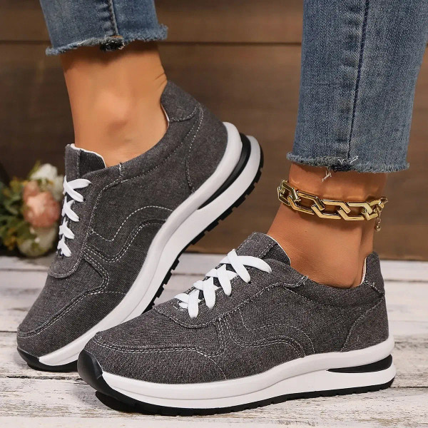 Color: black, Shoe Size: 36 - Blue Denim Platform Sneakers Women Fashion Thick Sole Lace Up Sports  F640-12000042318859237