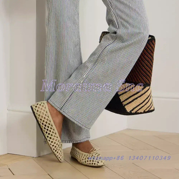 Color: Beige, Shoe Size: 36 - Hollow Woven Leather Ballet Shoes Flat With Round Toe Ankle Buckle St F640-12000044408765502
