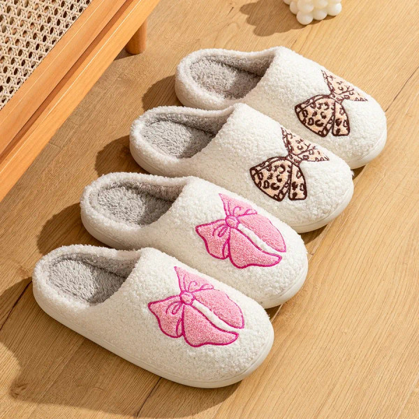 Color: Pink, Shoe Size: 41-42 - Women's Slippers Winter Indoor Elegant Beauty Bow Home Warm Soft So F640-12000041097539232