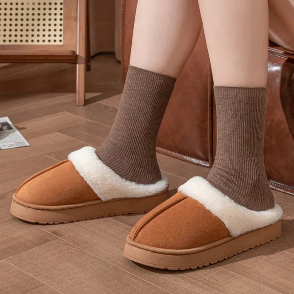 Color: Brown, Shoe Size: 38-39 - New Fluffy Home Warm Slippers Women Soft Sole Bedroom Plush Lined  F640-12000042281583758