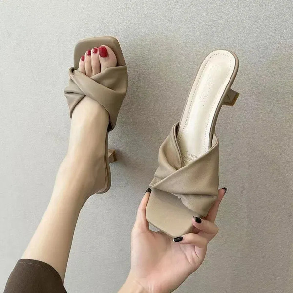 Color: Blue, Shoe Size: 40 - Summer Fashion Simple Ladies Slippers Dew Feet High Heels Solid Color  F640-12000032489130605