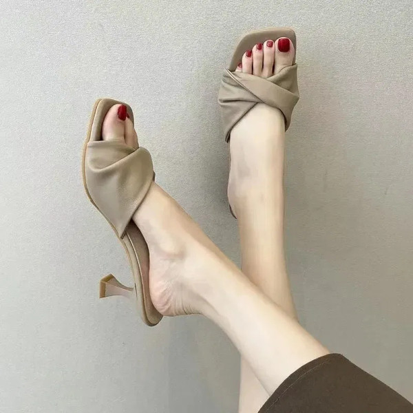 Color: Blue, Shoe Size: 40 - Summer Fashion Simple Ladies Slippers Dew Feet High Heels Solid Color  F640-12000032489130605