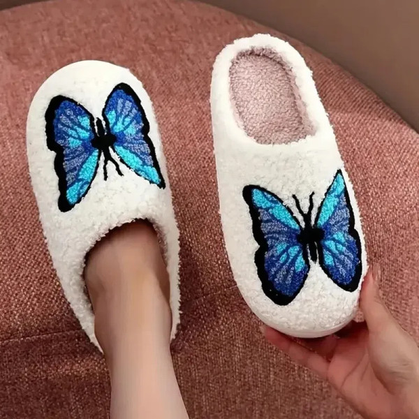 Color: Blue, Shoe Size: 42-43 - Lucyever Butterfly Embroidery Plush Woman Slippers Non Slip Soft Ho F640-12000041176626894