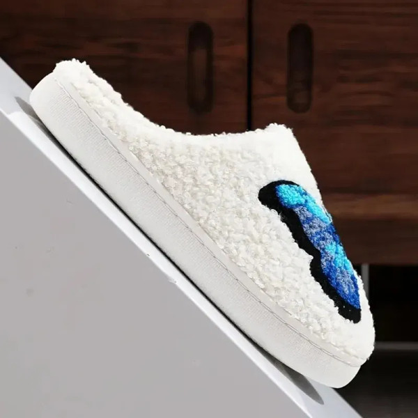 Color: Blue, Shoe Size: 42-43 - Lucyever Butterfly Embroidery Plush Woman Slippers Non Slip Soft Ho F640-12000041176626894