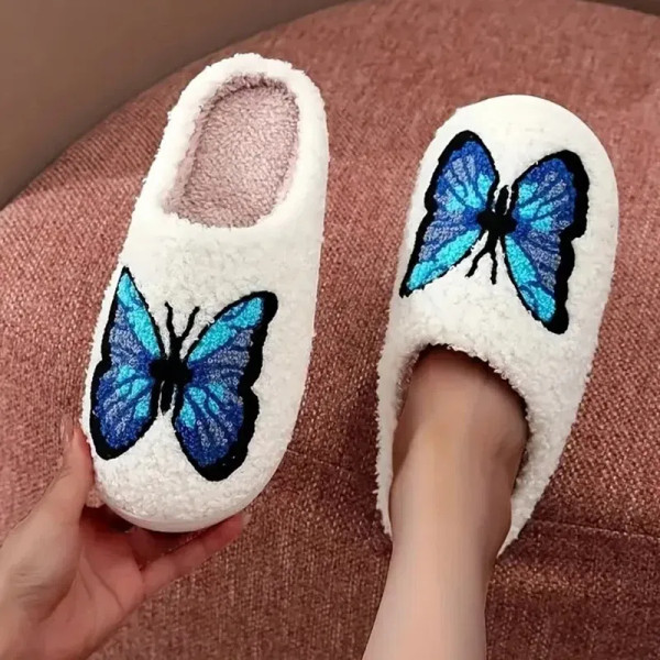 Color: Blue, Shoe Size: 42-43 - Lucyever Butterfly Embroidery Plush Woman Slippers Non Slip Soft Ho F640-12000041176626894