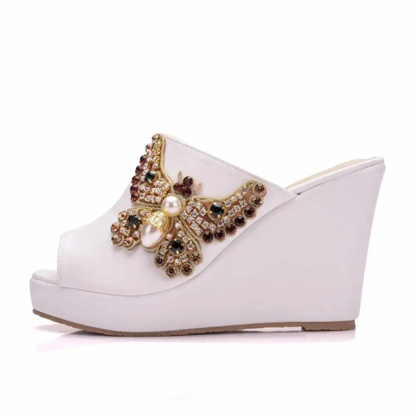 Color: black, Shoe Size: 38 - Crystal Queen 10cm Peep Toe Platform Wedges Slippers High Heels Beach F640-12000028612982160