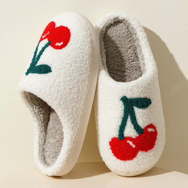 Color: Yellow, Shoe Size: 4.5 - Super Cute Cherries Plush House Slippers for Women, Comfy Home Shoe F640-12000036086553918