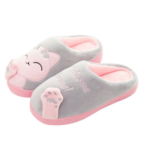 Color: GRAY, Shoe Size: 40 - Women's Kawaii Cat Decor Slippers, Comfortable Plush Lined Slip On Sho F640-12000037427691556