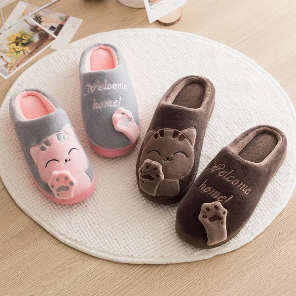 Color: GRAY, Shoe Size: 40 - Women's Kawaii Cat Decor Slippers, Comfortable Plush Lined Slip On Sho F640-12000037427691556