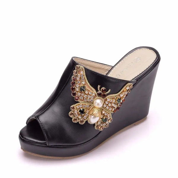 Color: black, Shoe Size: 39 - Crystal Queen 10cm Peep Toe Platform Wedges Slippers High Heels Beach F640-12000028612982161