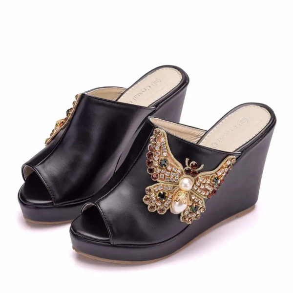 Color: black, Shoe Size: 39 - Crystal Queen 10cm Peep Toe Platform Wedges Slippers High Heels Beach F640-12000028612982161