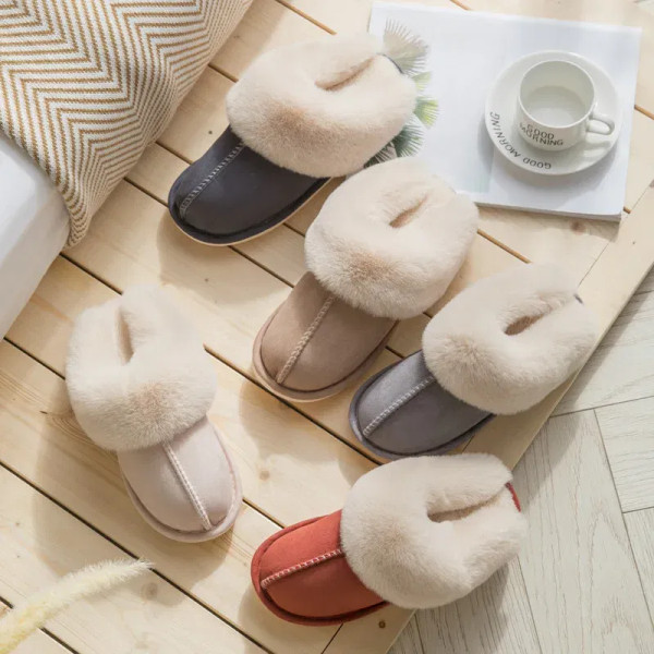 Color: Beige, Shoe Size: 42 - Women's Faux Fur Slippers 2024 New Warm Thicked Plush Bedroom Sandals F640-12000035047083398