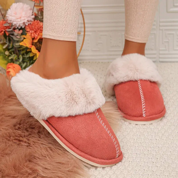 Color: Beige, Shoe Size: 40 - Closed Toe Warm Cotton Slippers Women Faux Fur Thicken Plush Winter H F640-12000036942235663