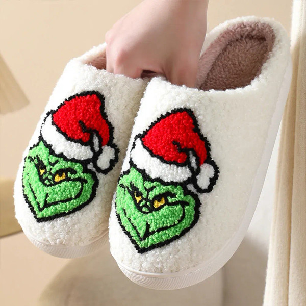 Color: Red, Shoe Size: 44-45 - For Grinch Plush Slippers Flat Thermal Slippers Comfortable Fluffy H F640-12000043066635802